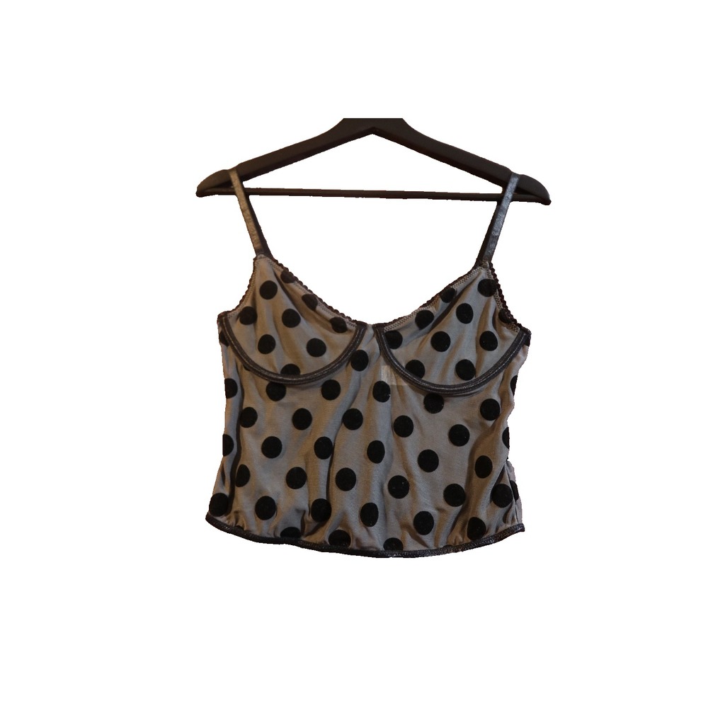 Y2K Sheer Polka Dot Mesh Cami Top Black Velvet Dots Spaghetti Strap Retro